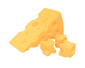 Set of cheese piece and cheese cubes of yellow color, 3d render