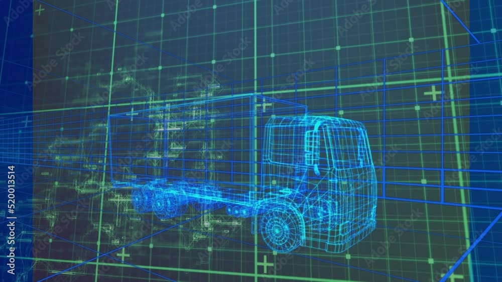 Poster animation of truck with graphical user interface moving against grid pattern