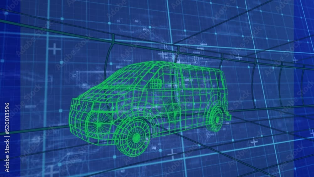 Poster animation of green vehicle in graphical user interface moving over blue grid pattern
