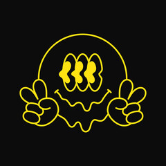 Smile face with peace hippie gesture t-shirt print. Vector hand drawn cartoon character illustration.Smile emoji face, peace gesture print for t-shirt,poster,sticker,logo concept