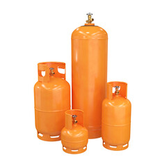 A group of gas cylinders of different sizes in orange, 3d render