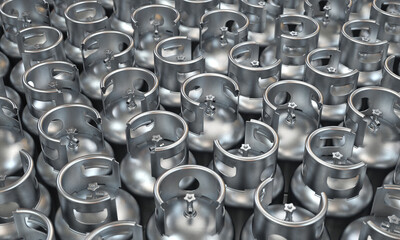 Lots of silver gas cylinders , 3d render