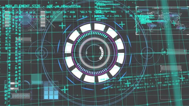 Animation of graphical interface with scanning scope over programming code and grid pattern