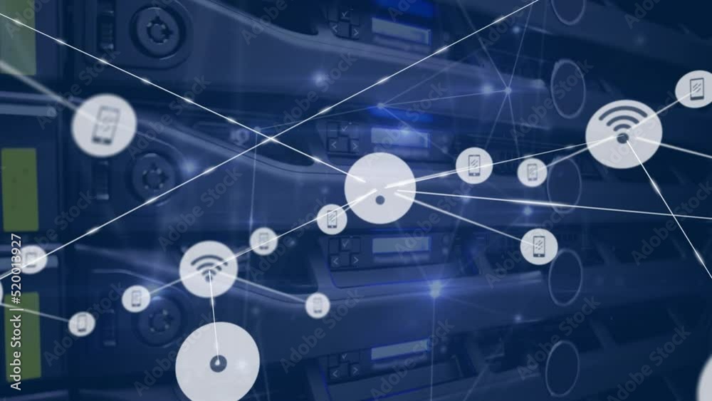 Poster animation of wireless network icons connecting with lines against computer server