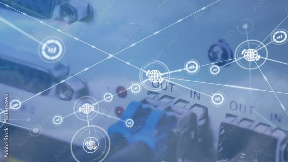 Poster animation of globe network icons connecting with lines against computer server