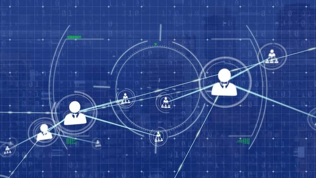 Animation of profile icon network connecting with lines against circle and binary codes