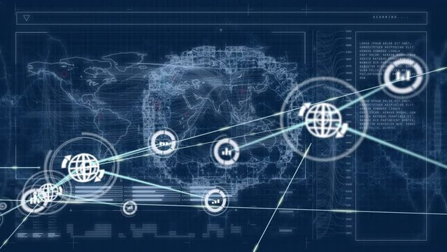 Animation of globe icon network connecting with lines against world map and human brain