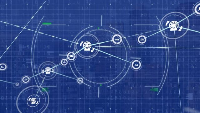 Animation of profile icon and graph network connecting with lines against circle and binary codes