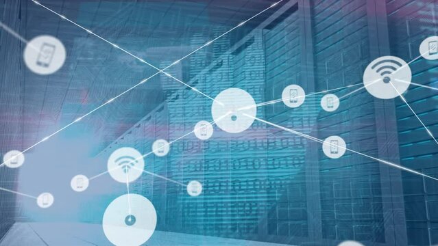 Animation of wireless network, cellphone icons connecting against stop gesture, binary codes