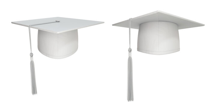 A set of graduation caps in white on a white background, 3d render
