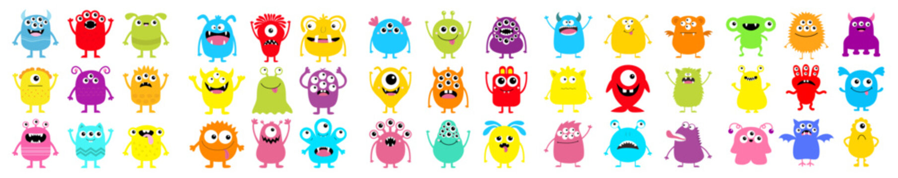 Monster super big icon set. Happy Halloween. Cute cartoon kawaii baby character. Funny head face colorful silhouette. Eyes horn teeth fang tongue. Hands up, down. Flat design. White background.