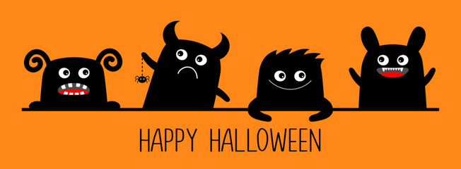 Happy Halloween. Monster icon set line. Cute cartoon kawaii baby character. Eyes teeth fang tongue fur, hands. Funny face head black silhouette. Flat design. Orange background.