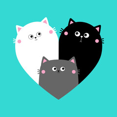 Cat heart set. Mother, father, bay. Happy Valentines day. Black White Yin Yang kitty kitten. Cute cartoon kawaii funny character. Couple family. Sticker template. Blue background. Flat design.