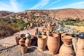 Traditional arabic handmade clay dishes and pots , in berber village Tahanaout on the High Atlas...