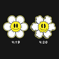 Funny trippy melt smile flower face.4:20 marijuana emoji,weed,cannabis print poster,t-shirt,sticker art.Vector drawn cartoon character illustration 420 t-shirt,tee,poster graphic trippy cartoon art