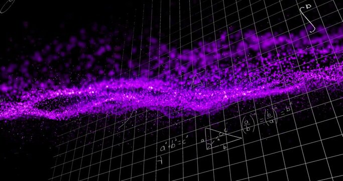 Animation of math formulas and purple glitter on black background