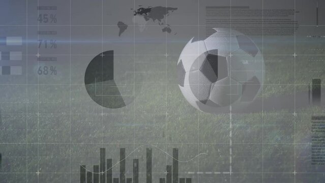 Animation of graphs and financial data over soccer ball on field