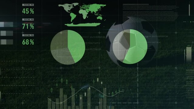 Animation of graphs and financial data over soccer ball on field