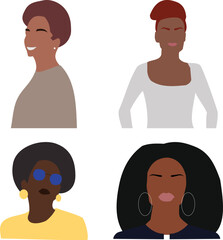 Set 4 vector flat illustration portraits of minimalistic african girls young summer smile