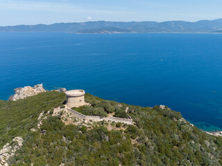 Fototapeta na wymiar Aerial view of Genoese tower at compomoro in Corsica near Propriano, France