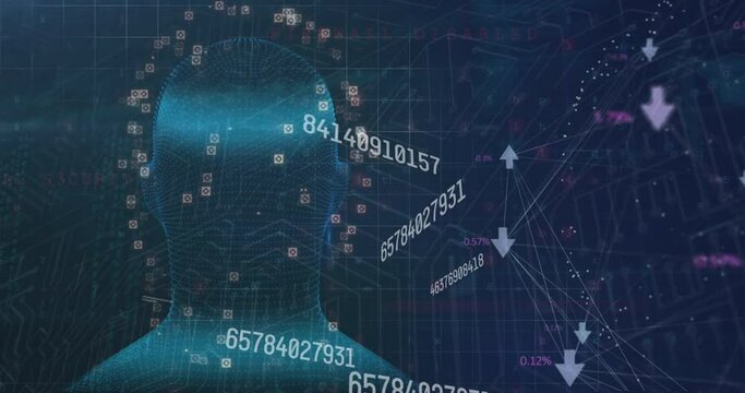 Animation of digital screen with data processing, connections and head model on navy background