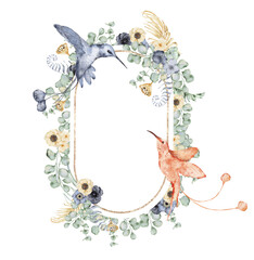 Watercolor frame with anemone hummingbird, flowers, eucalyptus and monstera leaves. Hand drawn illustration