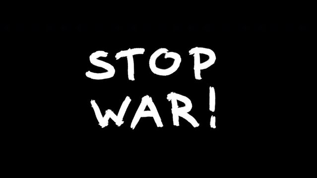 4K black and white stop motion animation video. A bomb falls on the city and blows it up. The smoke from the projectile explosion fills the screen. Handwritten text Stop war