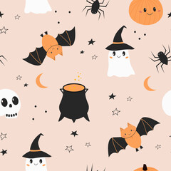 Baby seamless pattern Happy Halloween. Cute kids background. Cartoon pumpkin, ghost, bat, skull and spider. Scandinavian style. Design for celebration, fabric, packaging.