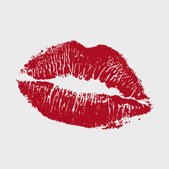 Vector illustration of womans girl red lipstick kiss mark isolated on white background. Valentines day icon, sign, symbol, clip art for design. - obrazy, fototapety, plakaty