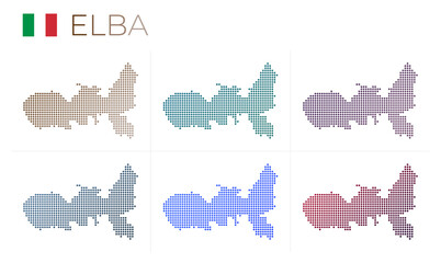 Elba dotted map set. Map of Elba in dotted style. Borders of the island filled with beautiful smooth gradient circles. Attractive vector illustration.