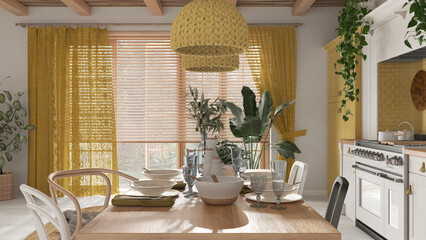 Wooden country dining table setting in white and yellow tones. Kitchen, pendant lamps and window. Scandinavian boho interior design