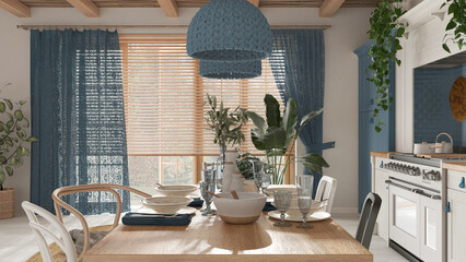 Wooden country dining table setting in white and blue tones. Kitchen, pendant lamps and window. Scandinavian boho interior design