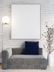 mock up poster frame in modern interior wood floor concrete wall background, Scandinavian style, Loft style, 3D render, 3D illustratio