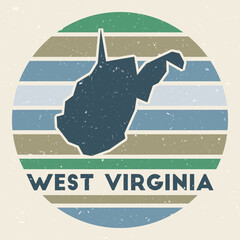 West Virginia logo. Sign with the map of us state and colored stripes, vector illustration. Can be used as insignia, logotype, label, sticker or badge of the West Virginia.