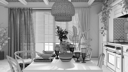Blueprint unfinished project draft, wooden country dining table setting. Kitchen, pendant lamps and window. Scandinavian boho interior design