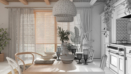 Architect interior designer concept: hand-drawn draft unfinished project that becomes real, wooden country dining table setting. Scandinavian boho interior design