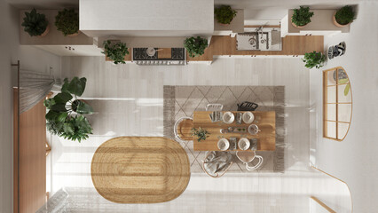 Wooden country kitchen in white and beige tones.Dining table, carpet and appliances. Scandinavian boho interior design. Top view, plan, above