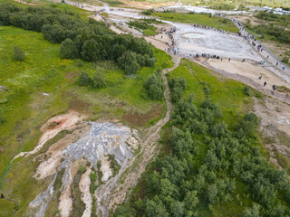 Drone view at the geothermal field of Geysir in Iceland