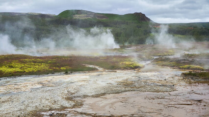View at the geothermal field of Geysir in Iceland