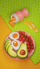 breakfast serving 3d render illustration cartoon style. Egg cup with soft boiled chicken eggs, plate with tomatoes cherry, chopped avocado, half with pit on dotted green table cloth on yellow 