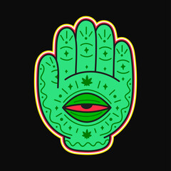 Hand with open red eye print for t-shirt,tee. Vector cartoon character illustration logo design. Magic hand,palm with eye,weed,cannabis,marijuana print for t-shirt,tee,logo concept