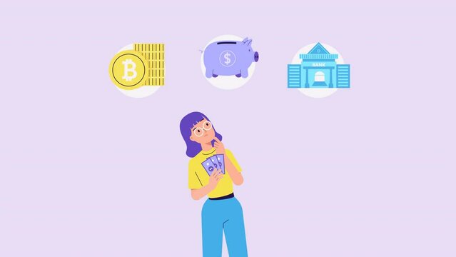 Young woman holding dollar bills and think how to invest money - bank, cryptocurrency. Bitcoin, piggy bank. Budget planning, saving money, investment options. Economy, finances, funding 2d animation