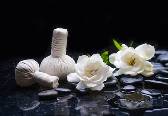Still life of with 
gardenia, and spa ball , zen black stones on wet background
