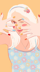 Obraz na płótnie Canvas A bright vector illustration depicting a young perky girl with a bright manicure in a T-shirt with a floral ornament.
