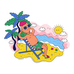 Obraz na płótnie Canvas Funny hipster guy lying on a sun lounger and sunbathing. Vector trendy doodle cartoon style character illustration icon. Trendy fashion delivery boy logo. Isolated on white background