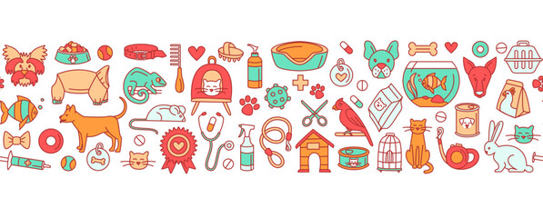 Pet store dogs, cats, birds, other domestic animals seamless pattern