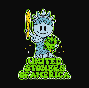 Cute New York Statue of Liberty with joint and weed bud print for t-shirt.Vector cartoon character illustration. Statue of Liberty,New York,weed,cannabis print for t-shirt, poster,sticker concept