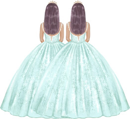 Two girls twins in ball gowns celebrate their 15 birthday. Hand drawn illustration