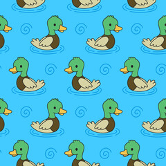 Cute funny ducks cartoon kids seamless pattern. Vector hand drawn cartoon kawaii character illustration icon. Cute duck,river,water cartoon kawaii child seamless pattern concept