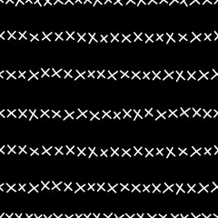 A simple pattern of white crosses on a black background. White stripes of crosses. Children's print for fabric, packaging, wallpaper, interior. Vector doodle illustration